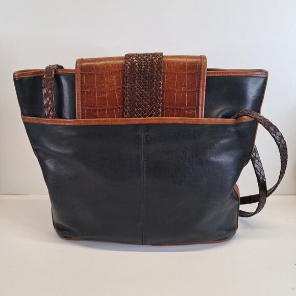 BRIGHTON Black Leather Brown Croc Emboss Braided Handle Shoulder Bag - Picture 4 of 15